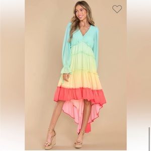 Red Dress Aura Rainbow Multi High-Low Chiffon Dress NWT